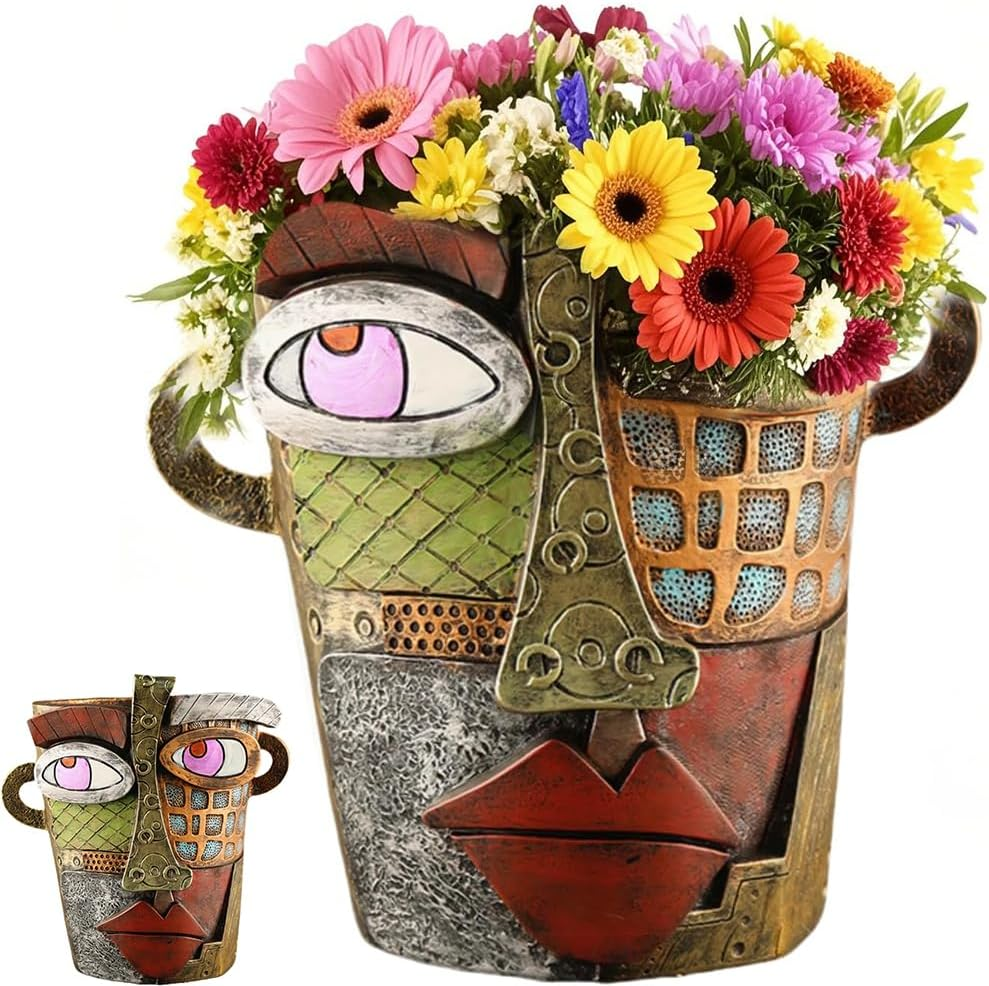 HYAVIA Handmade Abstract Picasso Face Planter &ndash; Brutalist Resin Head Flower Pot, Colorful Art Planter for Indoor and Outdoor Plants, Unique Room Decor (Retro Style) image number 6
