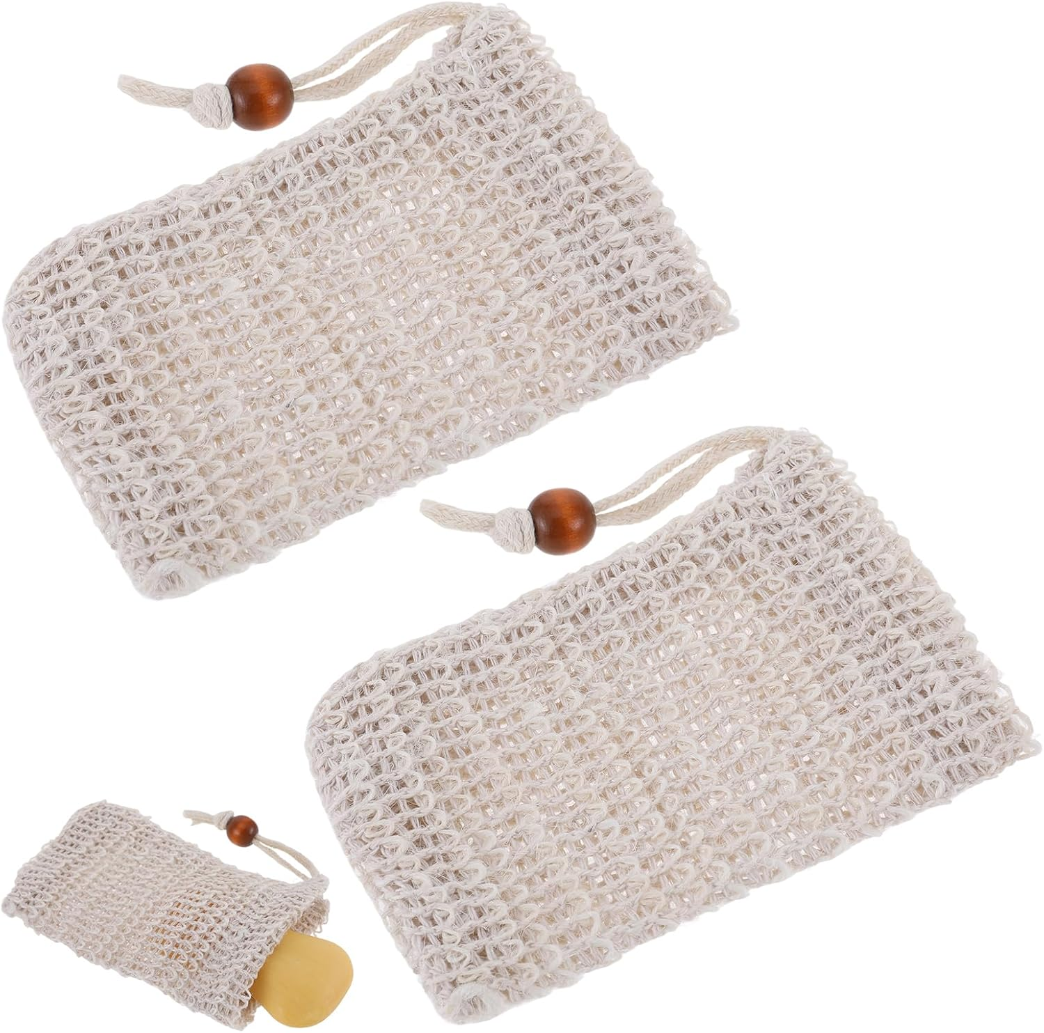2PCS Soap Saver Bag, Sisal Exfoliating Soap Pouch, Natural Cotton-Linen Exfoliating Net Pouch with Drawstring, Foaming and Drying Exfoliating-Mesh Pouches for Bath and Shower (13X8.5Cm, Beige) image number 3