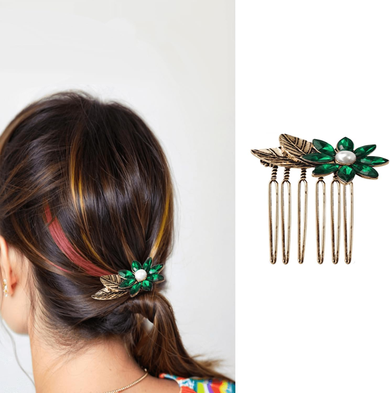 6 Pack Vintage Gold Hair Side Combs for Women Decorative,Butterfly Flower Leaf Pearl Rhinestone Metal Hair Comb Tooth Clip with Teeth Grip Crystal Bridal Hair Piece Pins for Wedding Accessories - Retro Gold image number 4