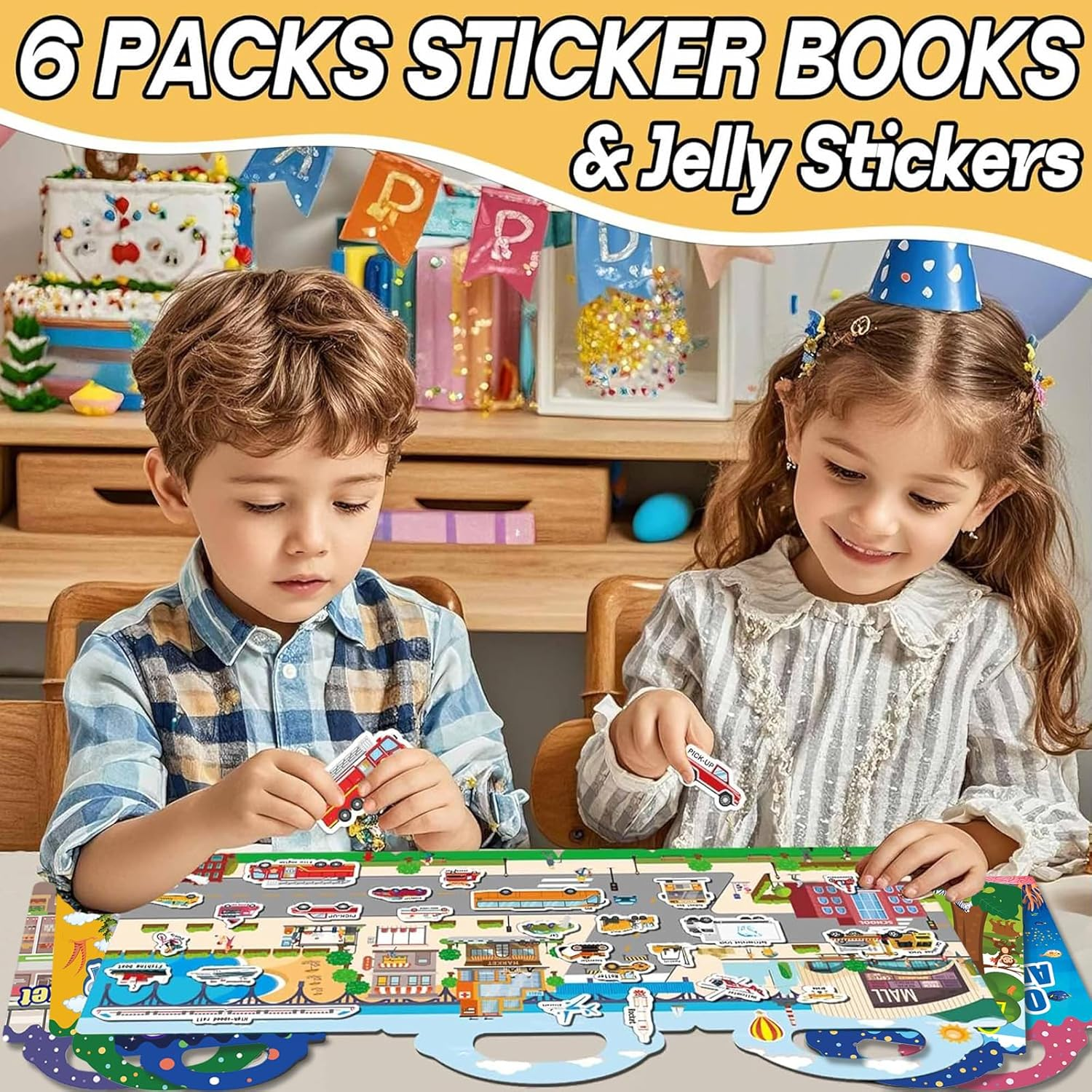 6Pack Sticker Books, 3D Puffy Reusable Sticker Book for Kids 2-4 Toys, Includes 6 Themes Ocean, Animals, Vehicles, Dinosaur, Supermarket, Space, Activities Book for Kids Party Favors Birthday Gifts