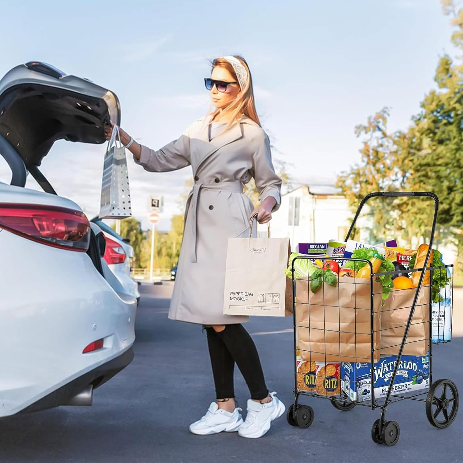 Foldable Shopping Cart with Rolling Swivel Wheels, Heavy Duty Grocery Utility Cart with Double Basket for Groceries Laundry Luggage Travel, 56 * 62 * 102Cm Black 118L image number 3