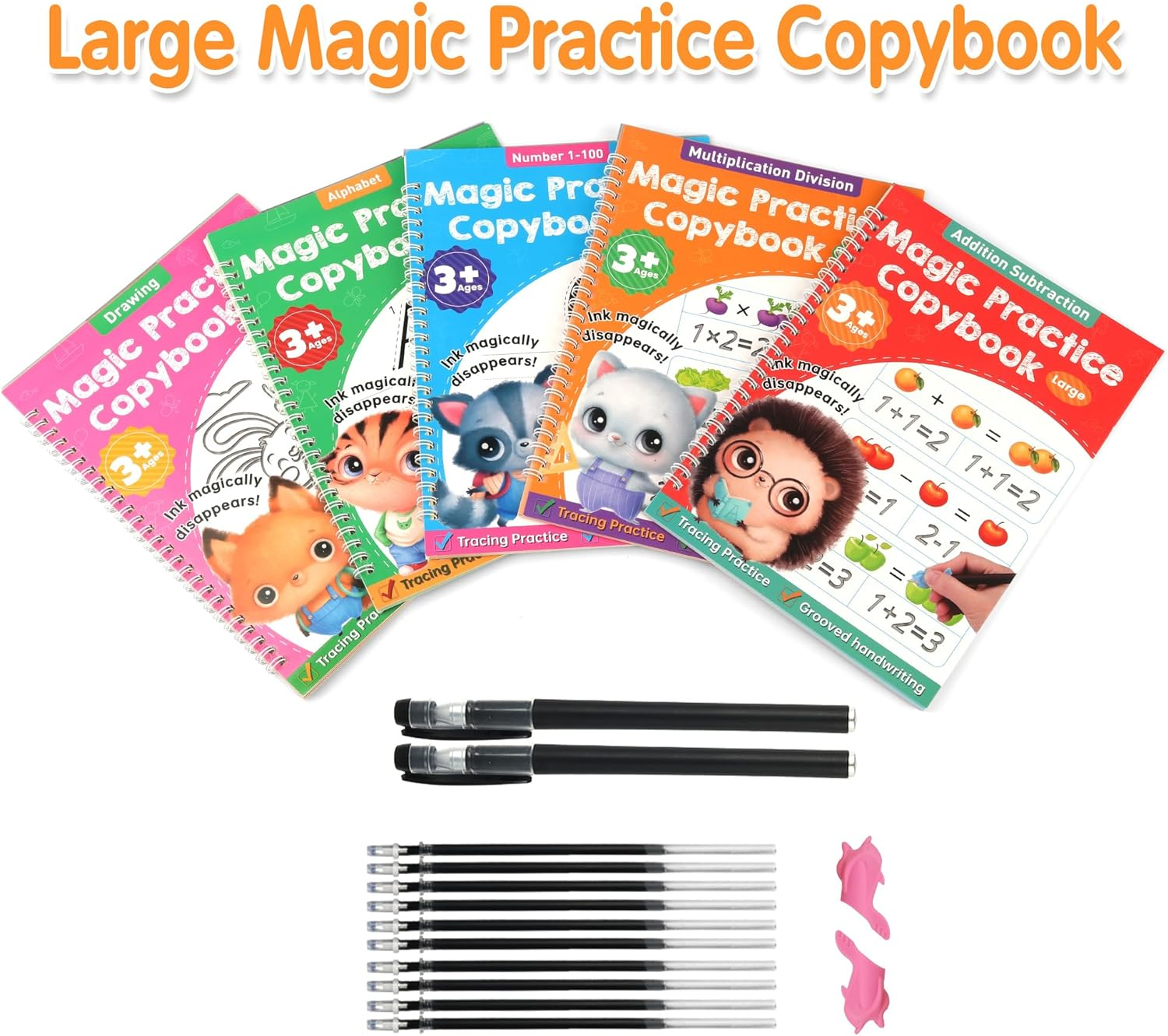 Large Magic Grooved Practice Copybook 5 Pack, Reusable Grooved Handwriting Workbook with Handwriting Aid Magic Pen, Learn to Write Number Letter Tracing for Kids 3-8 Preschool Calligraphy 10.2&times;7.3" image number 1