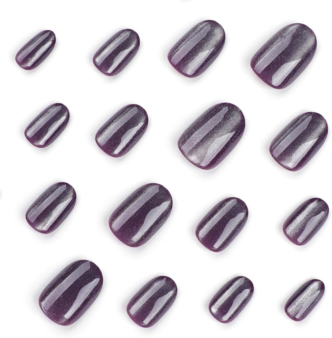 Cat Eyes Press on Nails,24 PCS Purple Glitter False Nails Glossy Short Fake Nails Full Cover Stick on Nails with Designs for Women and Girls Daily Decoration image number 3