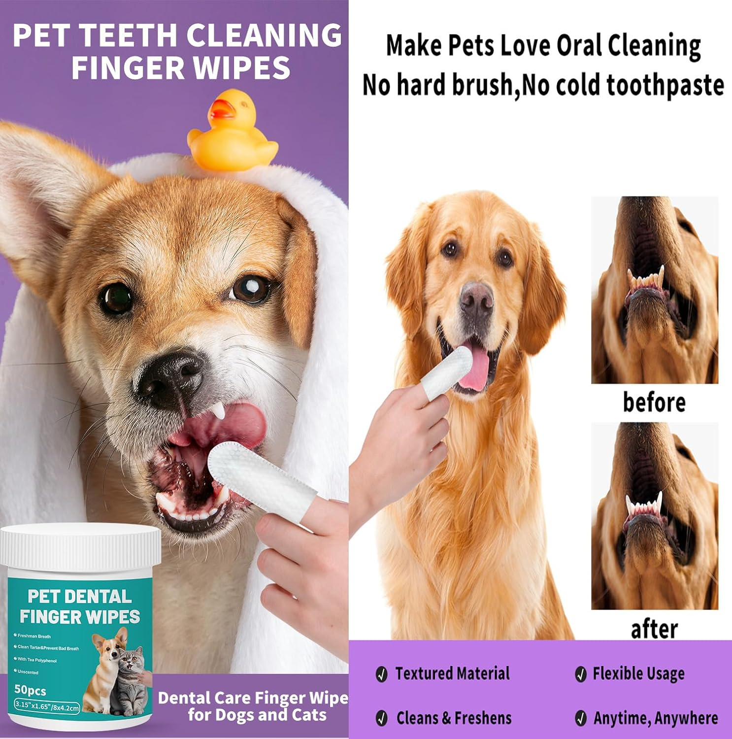Mumoo Bear Pet Teeth Dental Cleaning Wipes for Dogs & Cats, Remove Bad Breath by Removing Plaque and Tartar Buildup No-Rinse Dog Finger Toothbrush, Disposable Gentle Cleaning & Gum Care, 50 Counts image number 2