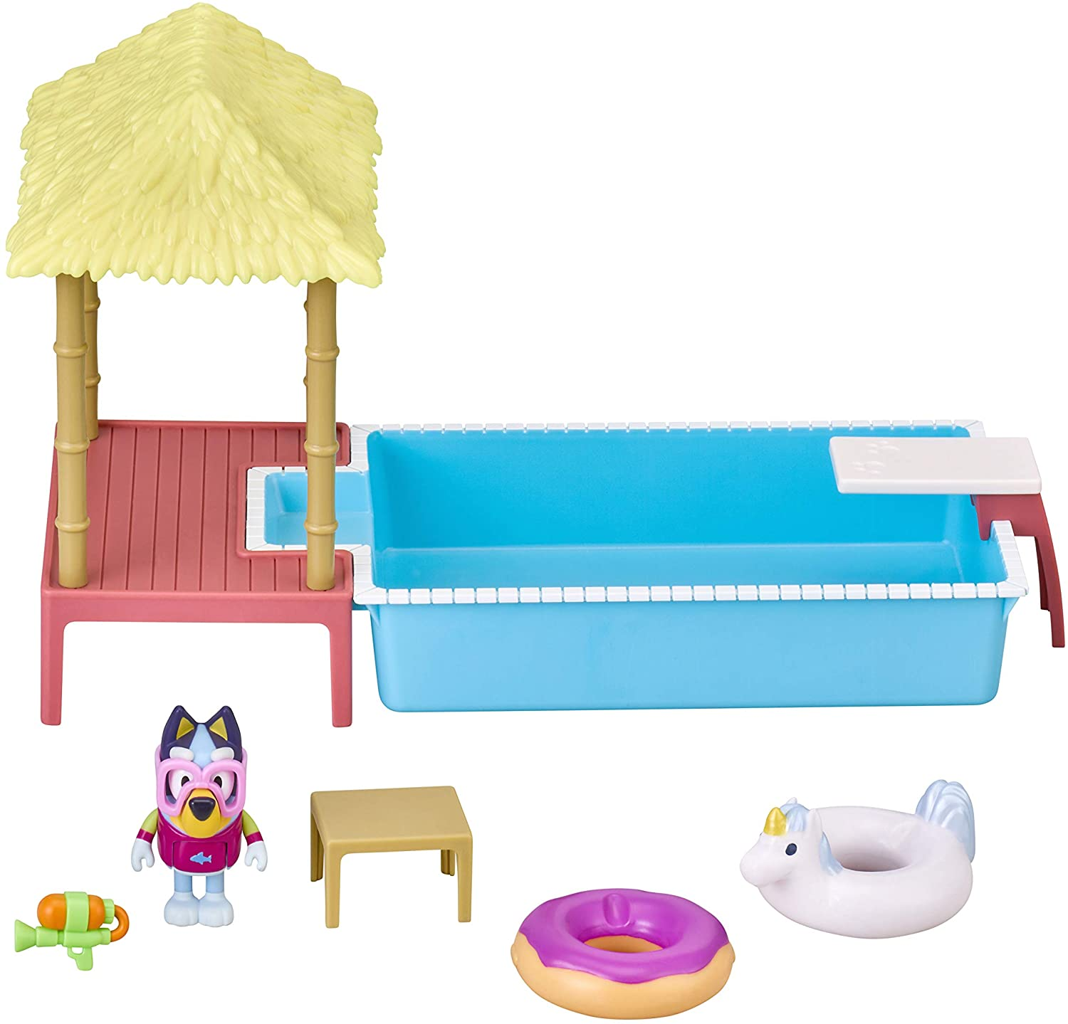 Bluey Pool Time Playset &ndash; Interactive 3-In-1 Set with Diving Board, Floaties, Water Blaster, & Swim Goggles &ndash; Poolside Playset for Toddlers & Preschoolers