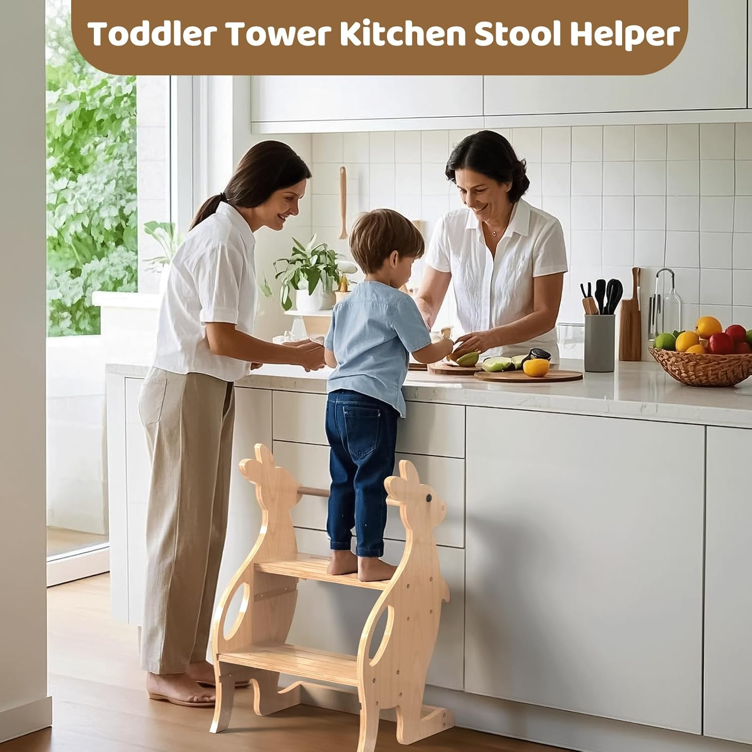 Wooden Kitchen Step Stool Helper for Bathroom Sink, Adjustable 2 in 1 Toddler Tower with Safety Rail and Anti-Slip Steps, Kids Learning Standing Tower for Counter, Toilet Potty Training (Natural) - Black image number 6