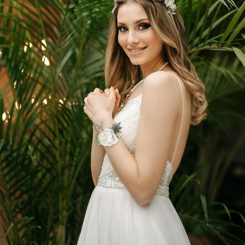 Wedding Wrist Corsage Wristlet Band Silver Wrist Corsage Bracelets Bands for Girls Bridesmaid Bracelet for Wedding Day Bracelet for Bride Wristlet Flower Corsage for Prom image number 4