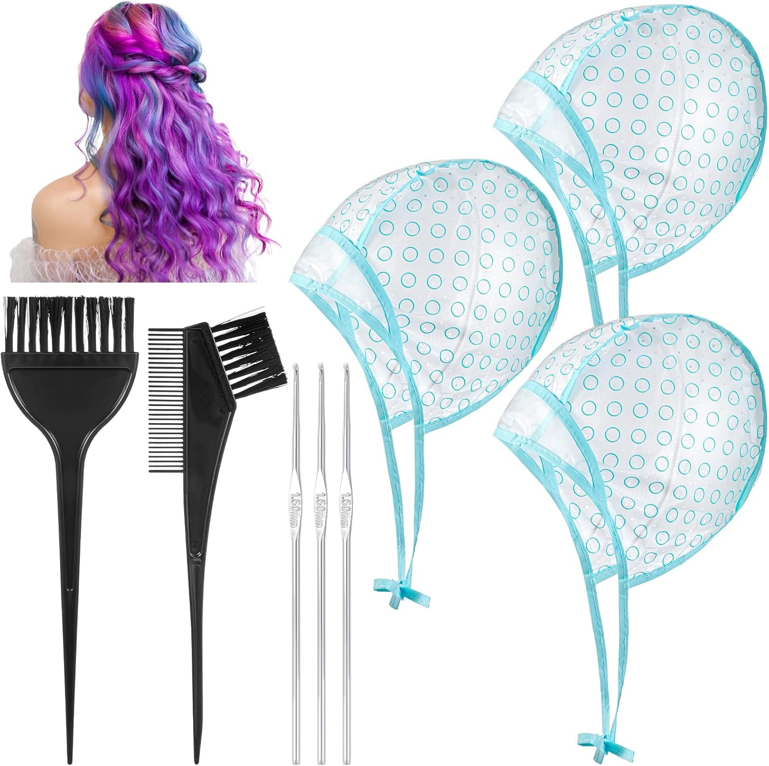 Oruola 3Pcs Highlight Caps for Hair,Highlight Cap Kit,Highlight Cap with 3 Metal Hook and 2 Hair Dye Comb & Brush for Salon Hair Dyeing Hairdressing and DIY Dyeing Hair,Highlighting Cap Blue image number 3