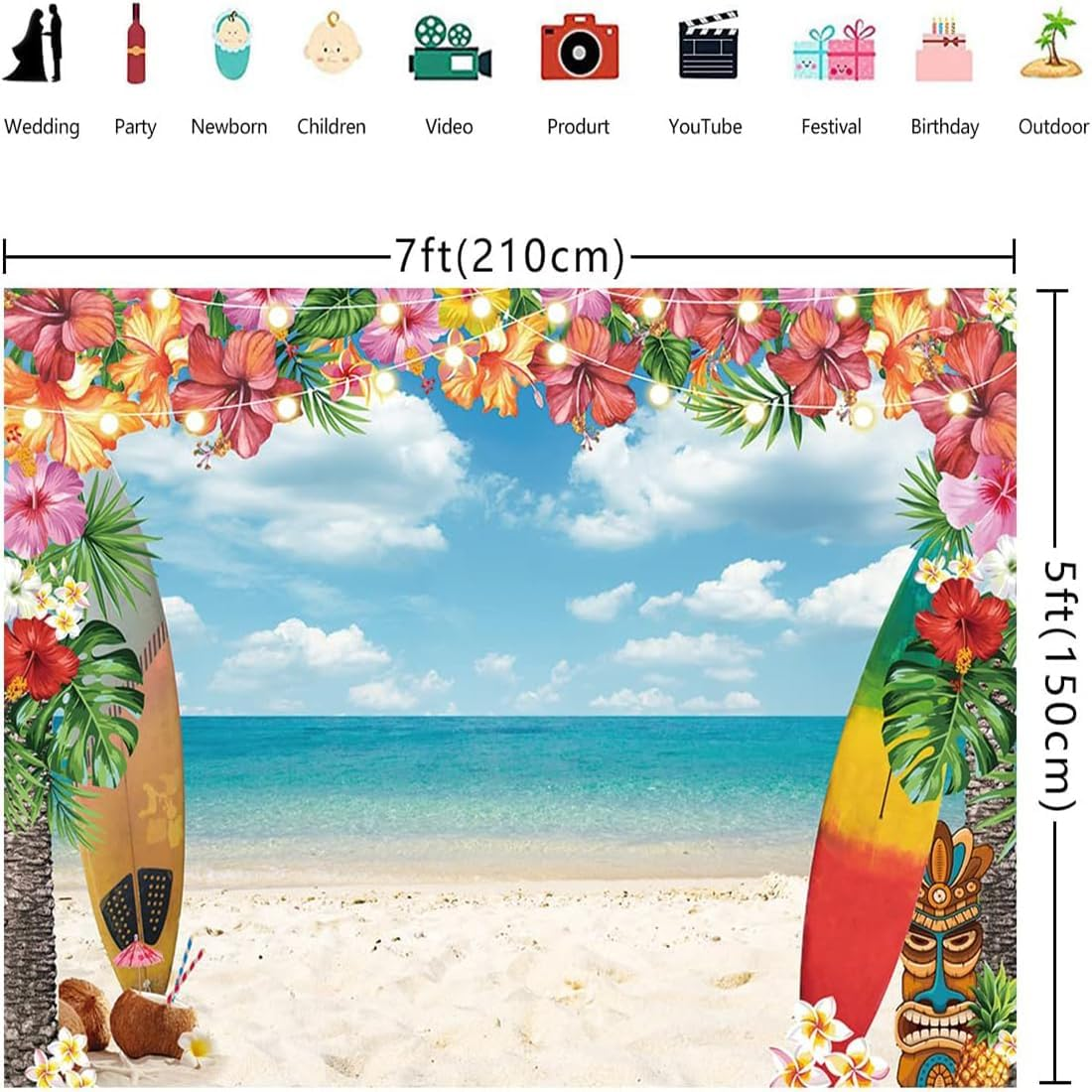 7X5Ft Summer Hawaiian Beach Backdrop for Photography, Tropical Flower Luau Hawaiian Party Decorations, Background Tropical Luau Photo Backdrop Aloha Blue Sky Ocean Palm Leaves image number 2