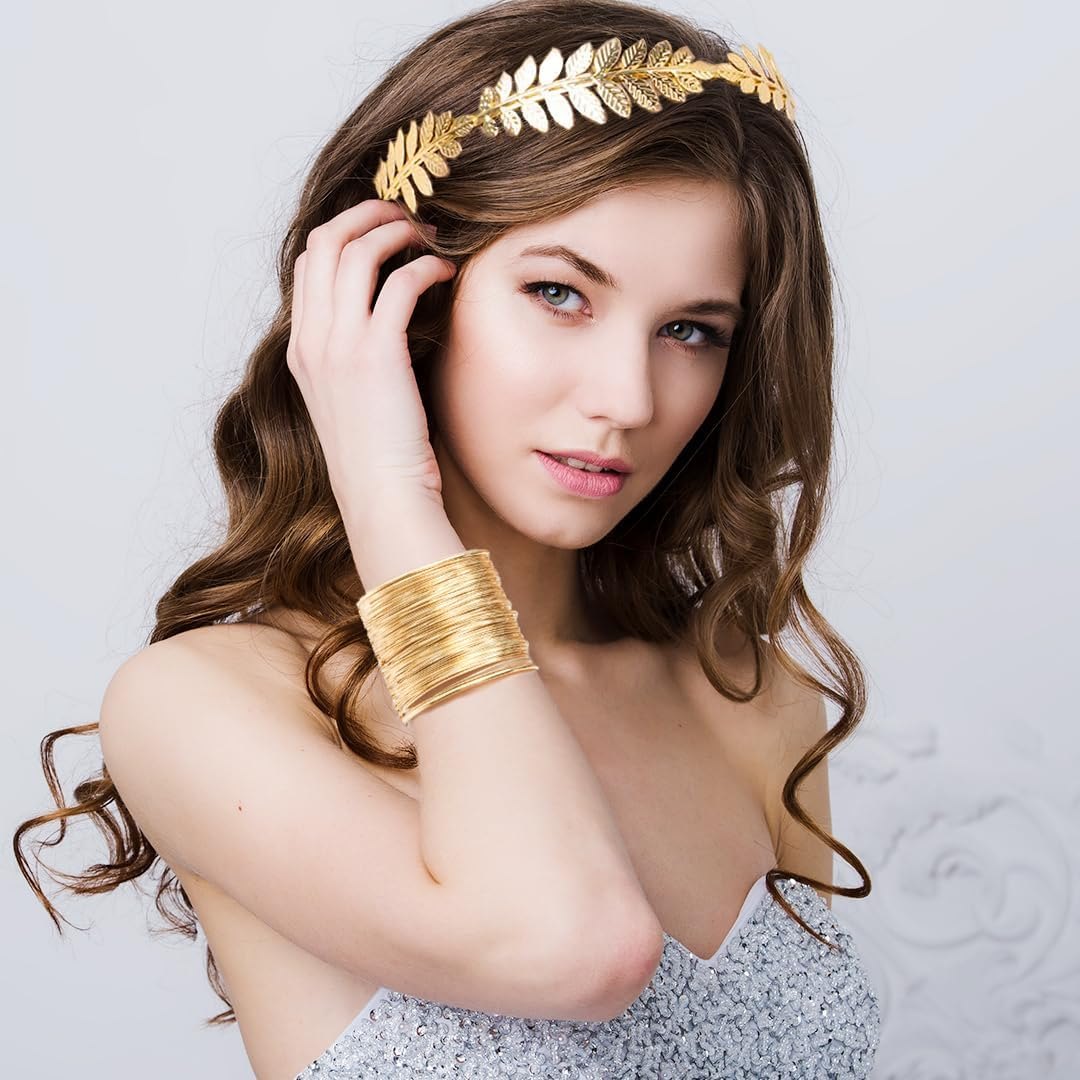 Laurel Wreath Headband Headdress Gold Set, Greek Goddess Golden Jewellery Costume Accessories Women, Golden Crown Headband Leaf Spool Upper Bangle Bracelet Earrings Metal Hair Accessories image number 2