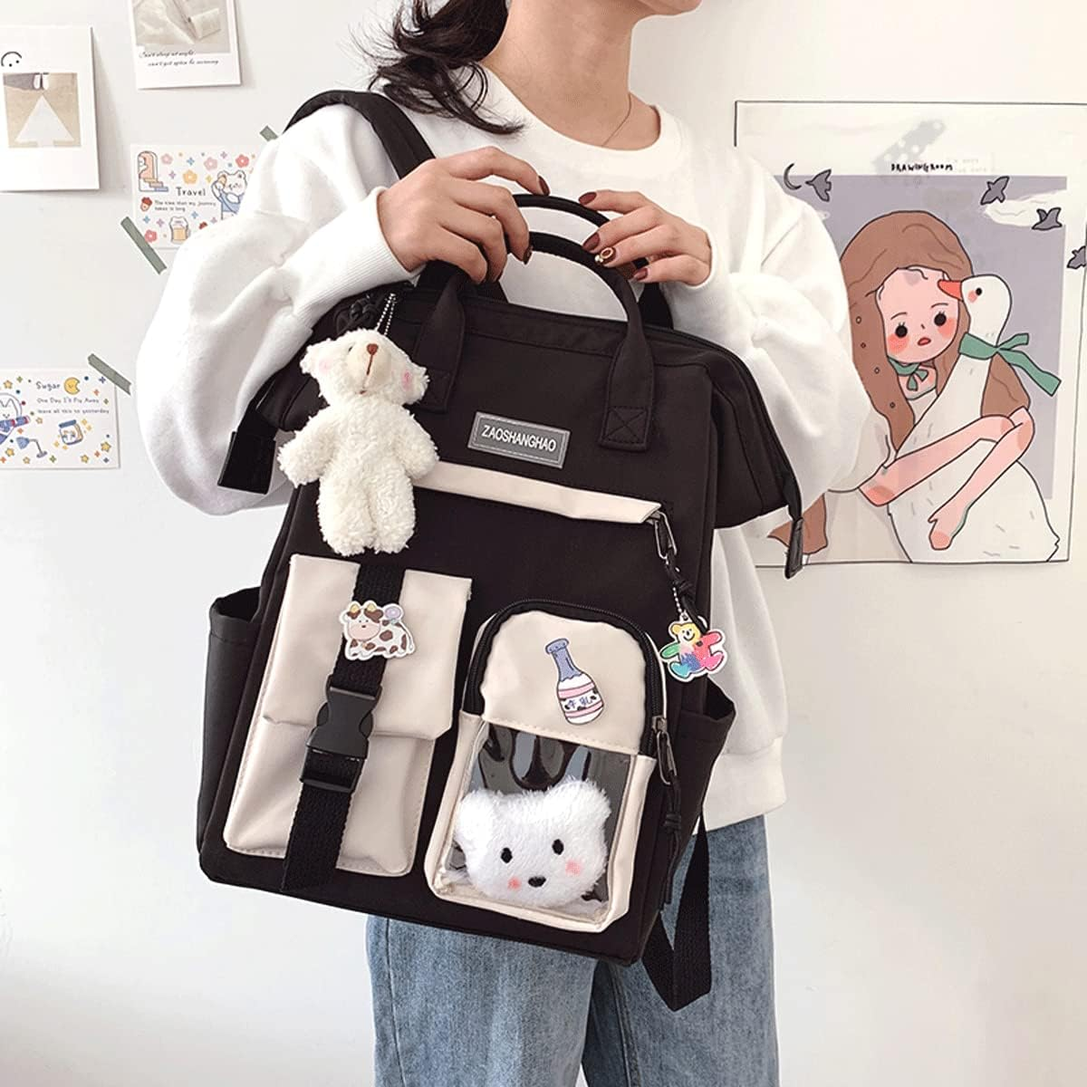 Eagerrich Cute Backpack with Cute Pin Accessories Plush Pendant for School Bag Student Girl Backpack - Black 1 image number 4