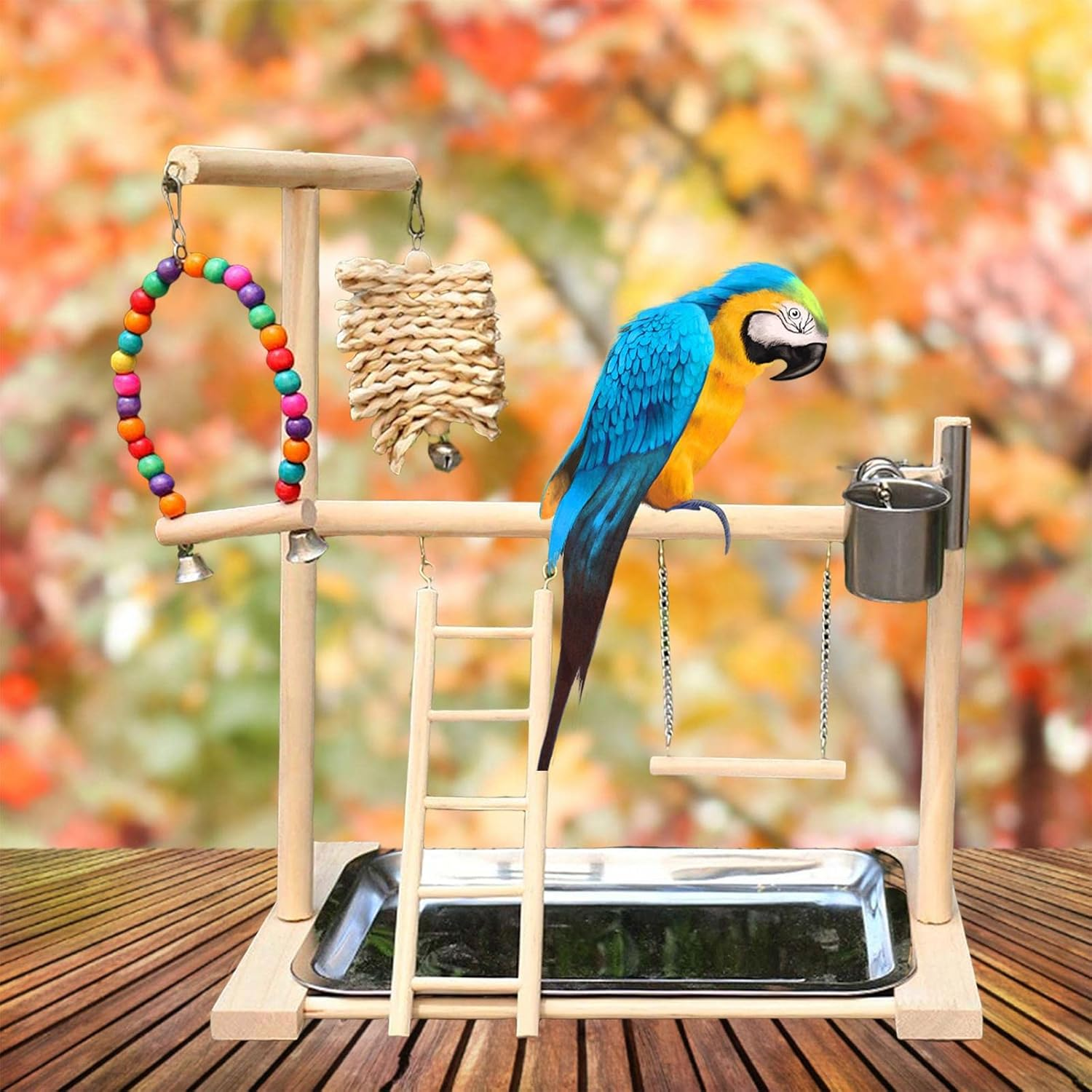 Pet Parrot Playstand Playground with Feeder Wood Perch Gym Playpen Climbing Ladder Toys for Budgie Cockatiel Parakeet image number 3