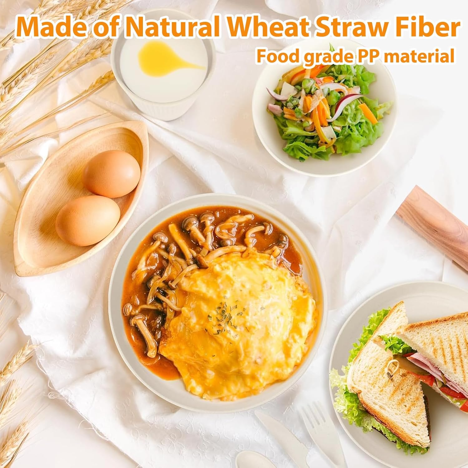 18Pcs Wheat Straw Dinnerware Sets, KELIOO Kids Plastic Plates and Bowls Cups Set, Unbreakable Reusable Dinnerware Microwave Safe Dishes Set for Kitchen, Dorm, Camping, RV, Picnic (Beige) image number 3