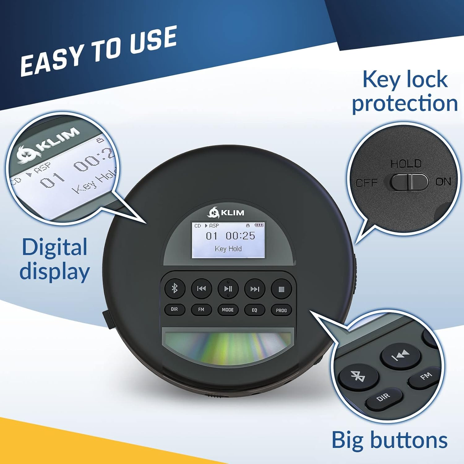 KLIM Nomad - New - Portable CD Player Walkman with Long-Lasting Battery - with Headphones - Radio FM - Compatible MP3 CD Player Portable - TF Card Radio FM Bluetooth - Ideal for Cars - Black image number 2