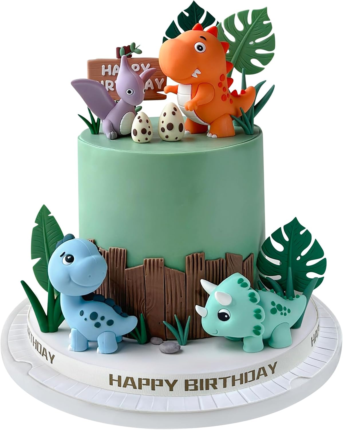 17PCS Dinosaur Cake Topper, Dinosaur Eggs Leaves Grasses Cake Decorations with Happy Birthday Sign Cake Toppers for Birthday Party Decorations, Safari Animal Themed Party image number 2