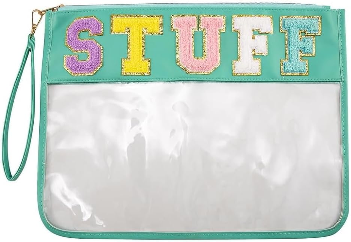 Clear Snack Bags,Chenille Letter Monogram Stadium Tote Purse Bag,Travel Patch Pouch Toiletry Makeup Cosmetic (Green, 32 * 22Cm) image number 6