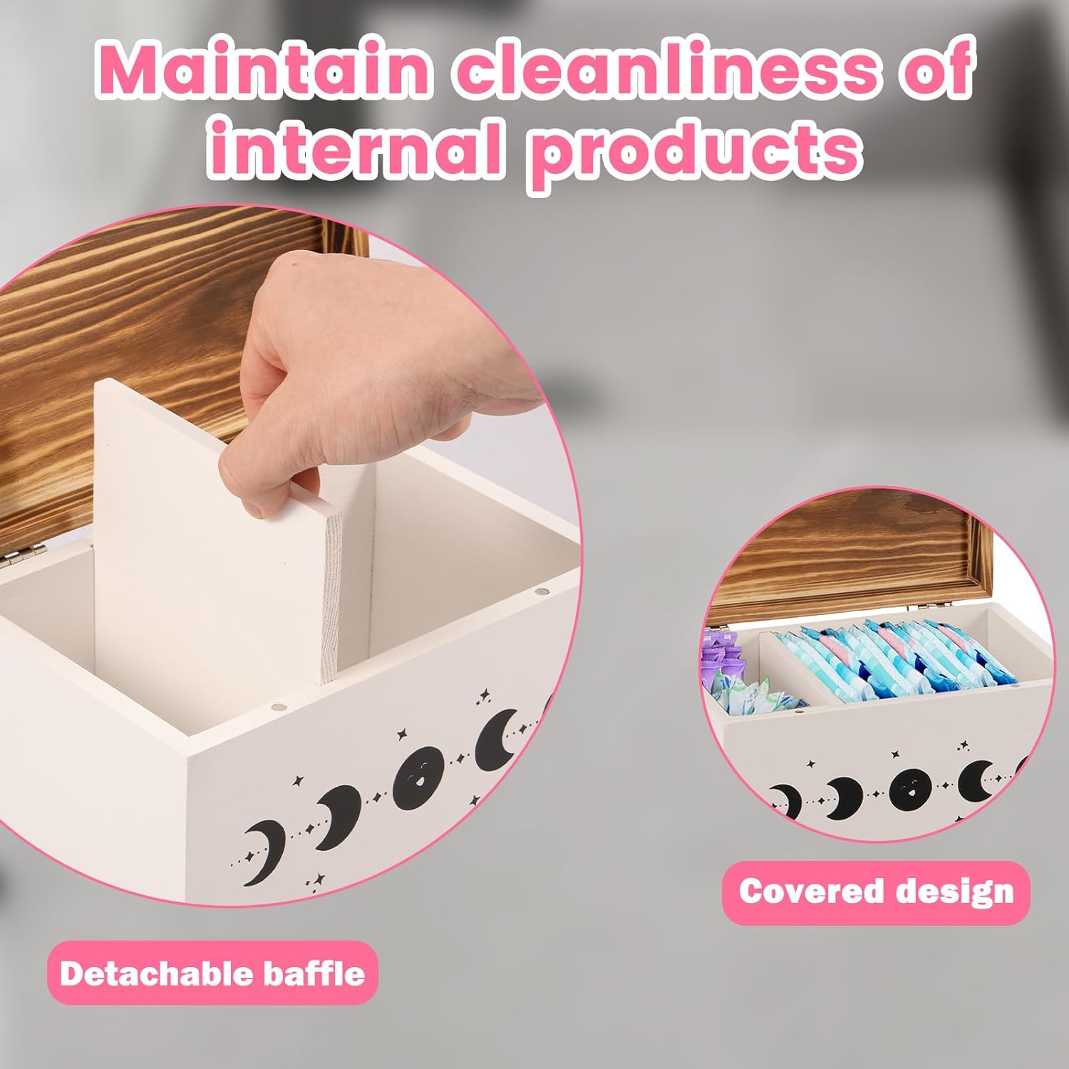 Wood Lady Stuff Storage Box, Lightweight Versatile Feminine Product Organizer, with Hinged Lid and Removable Divider, Tampon Holder and Pad Case for Bathroom Accessories image number 1