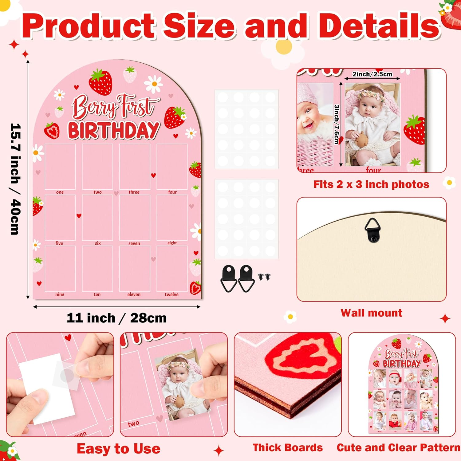 R HORSE 3D Berry First Birthday Wood Photo Display Board, Pink Strawberry Baby'S First Year Picture Frame, 1-12 Months Milestone Board Birthday Decorations Keepsake Gift for Baby Girls Nursery Decor image number 5