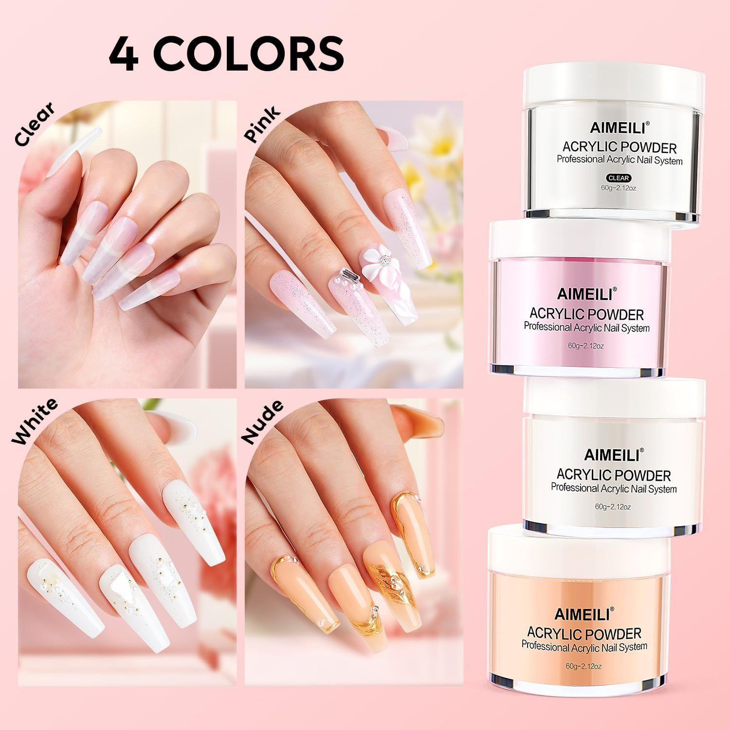 AIMEILI Acrylic Nail Powder 60G Pink Acrylic Powder for Acrylic Nail Art 3D Nail Carving French Nail Extension image number 4