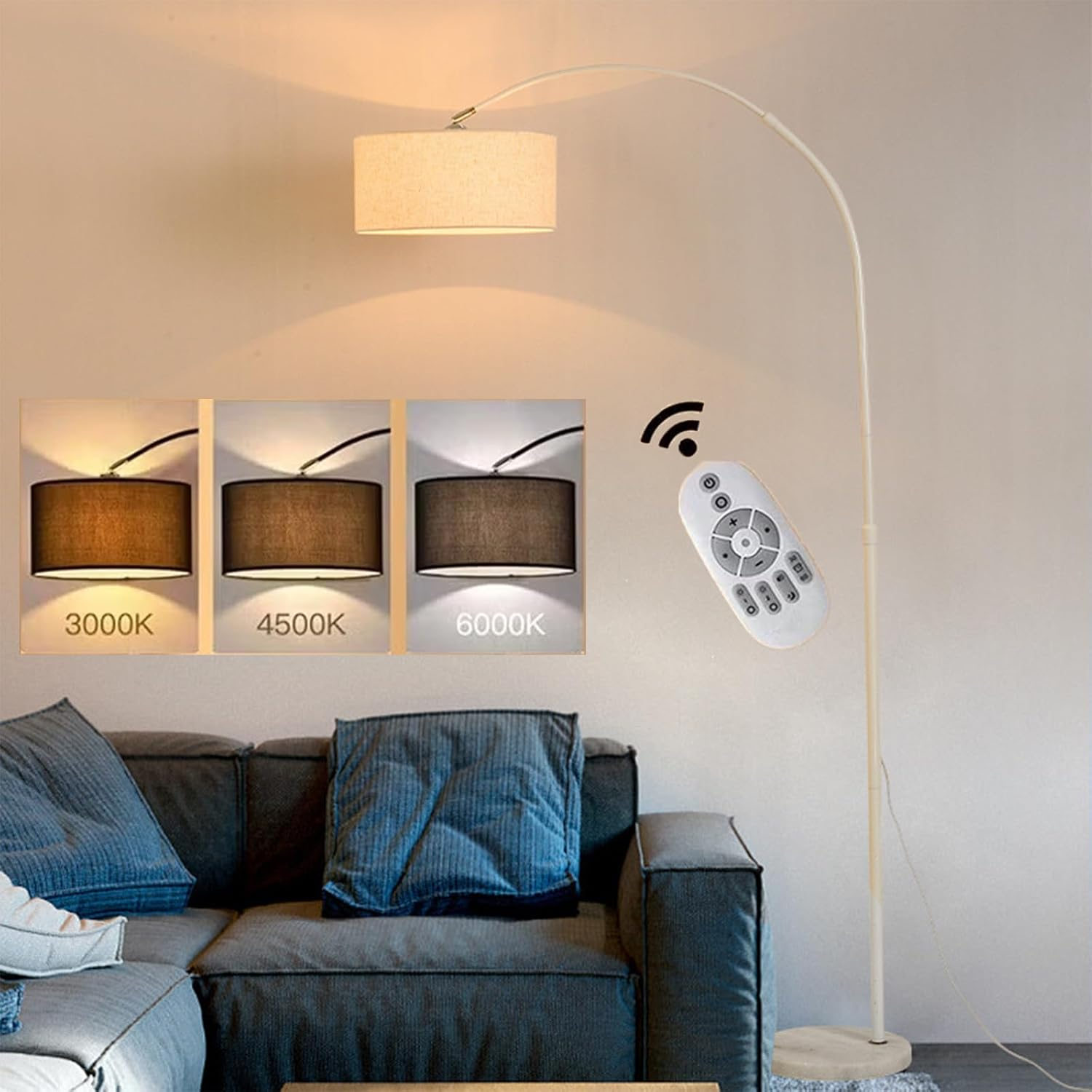 Modern Curved Floor Lamp with Remote Control, 3-Level Dimmable Standing Lamp, Adjustable Height, Marble Base, Warm Light, Floor Lamps for Living Room, Bedroom, Office &ndash; 12W 185Cm (White)
