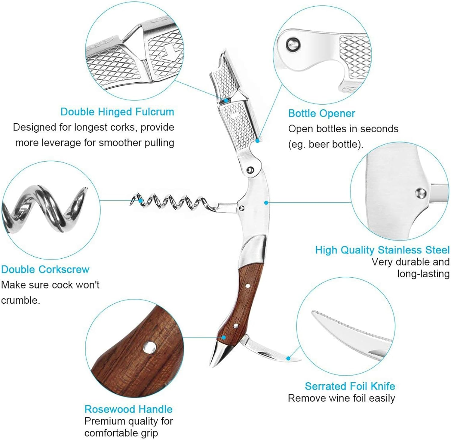 XBOGO Professional Wine Opener Corkscrew Bottle Opener Beer Opener Foil Cutter All-In-One Stainless Steel Cap Opener with Rosewood Handle Best Choice of Housewives Sommeliers Waiters and Bartenders image number 5