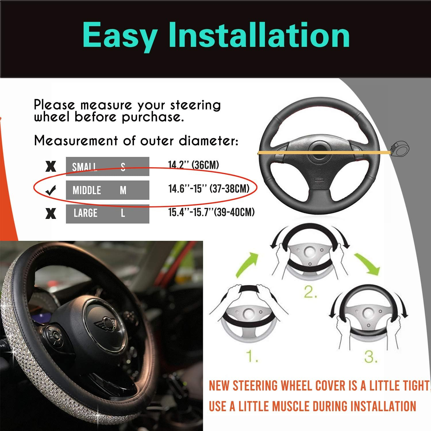 PINCTROT Bling Bling Comfy Steering Wheel Cover with Jumbo Crystal Rhinestones, Anti-Slip Diamond Leather, Universal 15 Inch (Silver) image number 1