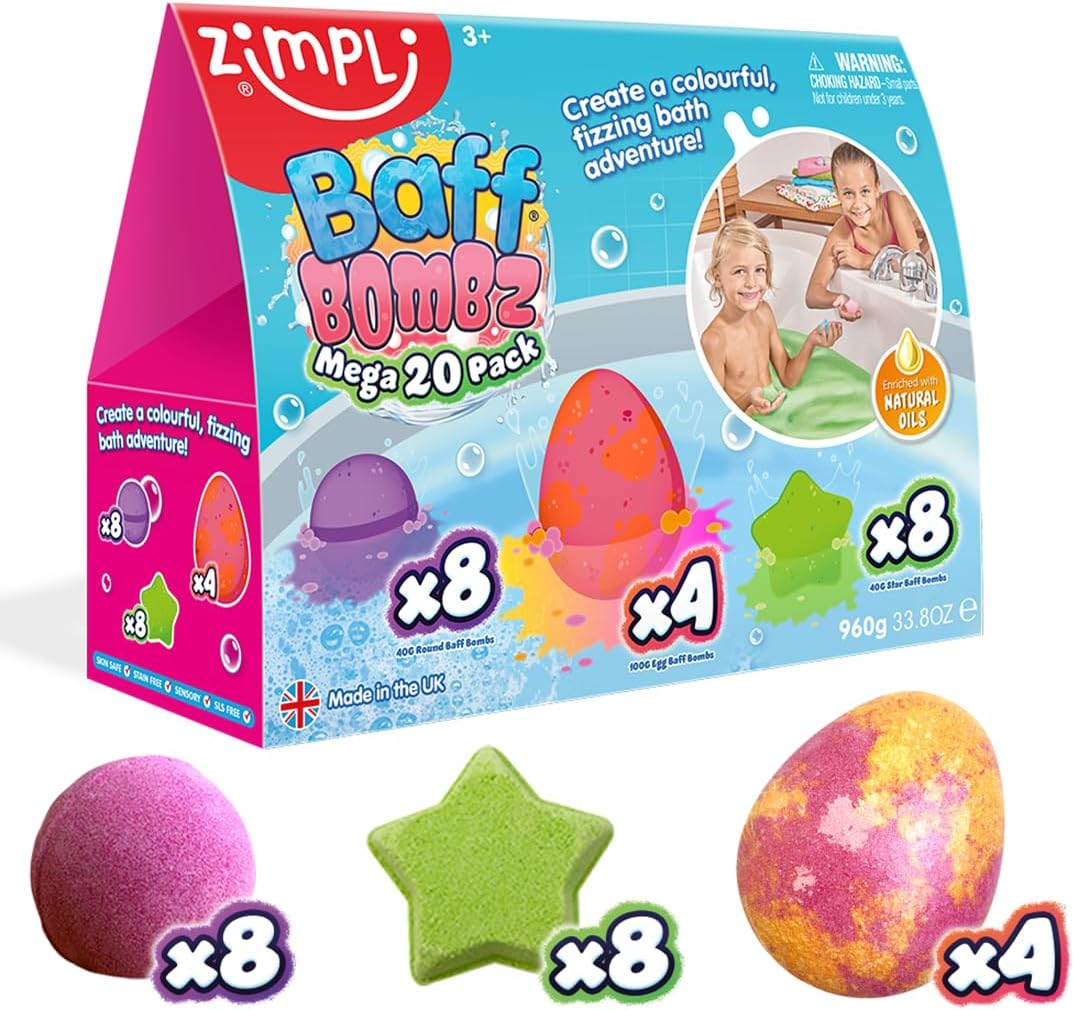 Zimpli Kids Baff Bombz - Mega Pack: 20 Mixed Bath Bombs (Apple, Grape, Strawberry, Tutti Frutti Scents) - Bath Bomb Set image number 2