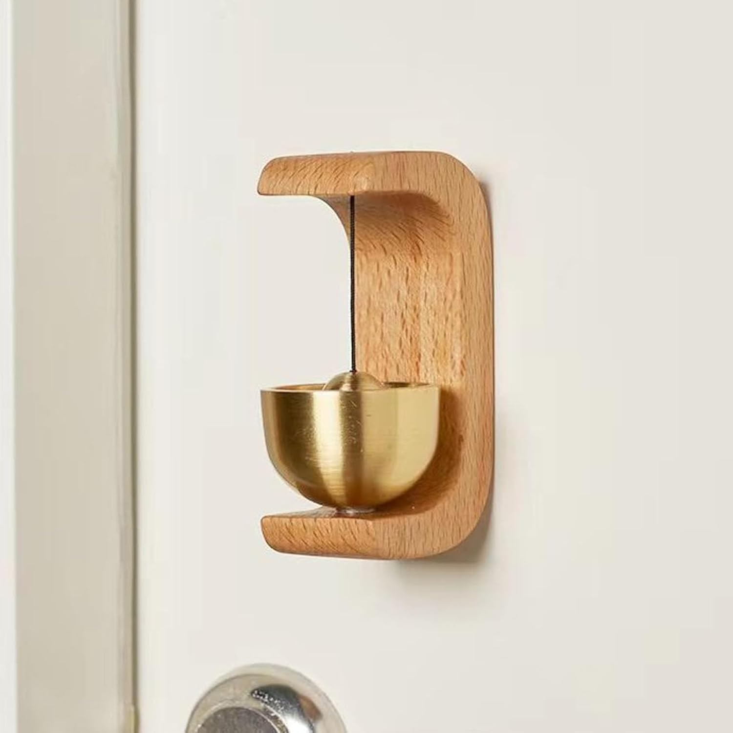 Jectse Shopkeepers Bell for Door Opening, 7.5X3.7X3.2Cm/2.95X1.45X1.25Inch Wood Brass Retro Magnetic Doorbell Cute Door Chime for Business When Entering, C-Shaped Decor Bells with Double Sided Tape image number 2