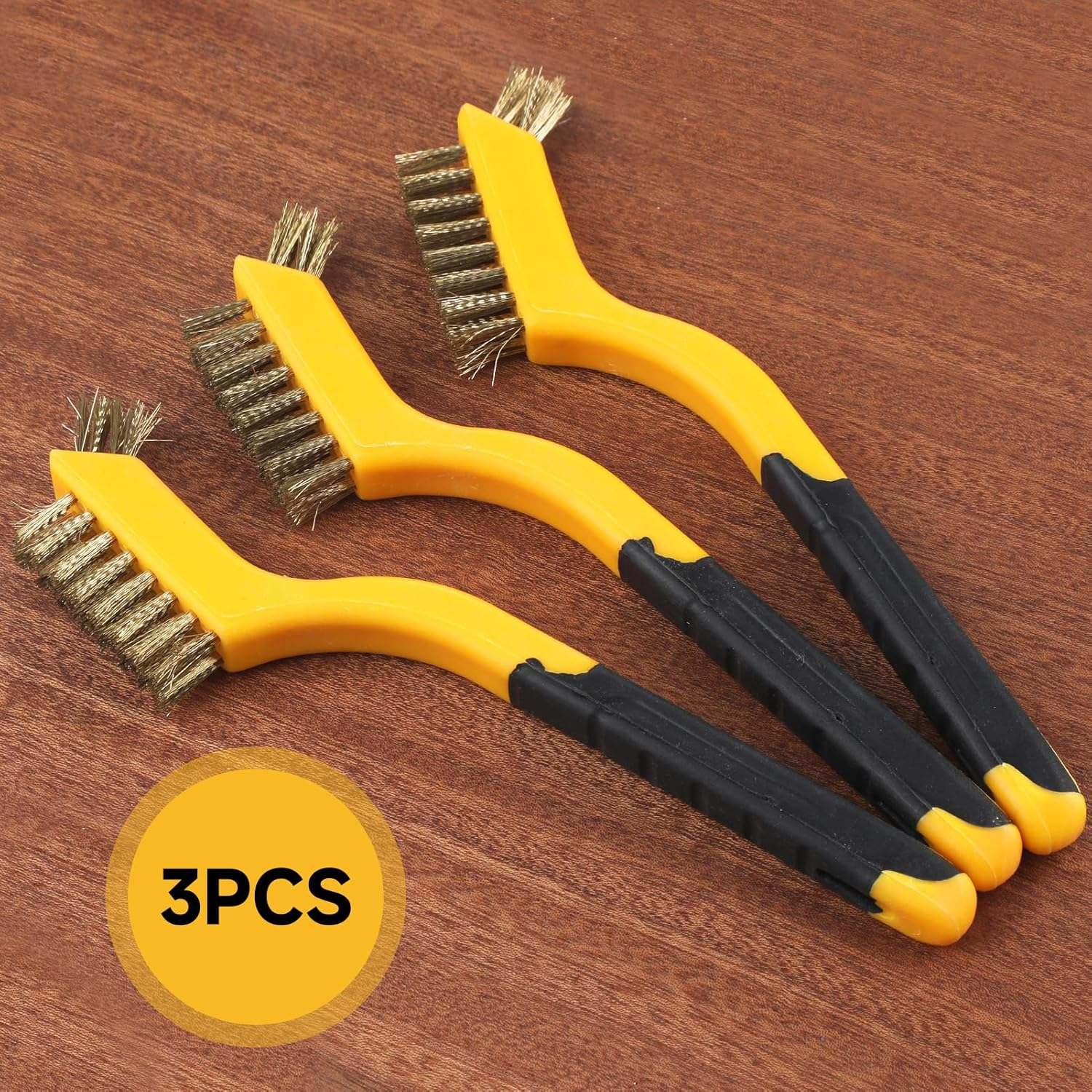 3-Pack 7'' Copper Plated Steel Wire Brush Set,Multi-Use Dual Head and Curved Handle Grip,Wire Cleaning Brush for Toilet,Kitchen, Bathroom Etc image number 2