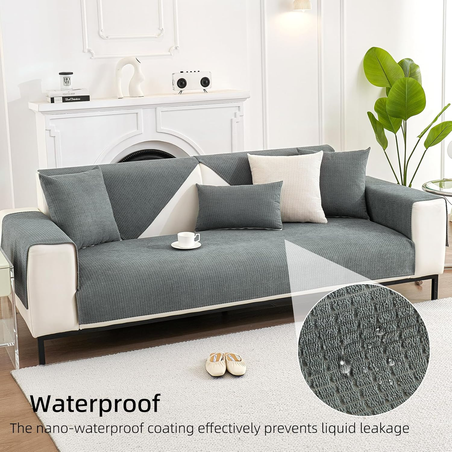 Anti-Scratch Couch Cover, Waterproof Sectional Couch Slipcover, Sofa Cover for Pet, Cover for 3 Cushion Couch Jacquard Fabric, Love Seat, Non Slip,Breathable,1 Pc 36''X94'' Size, Grey. image number 6