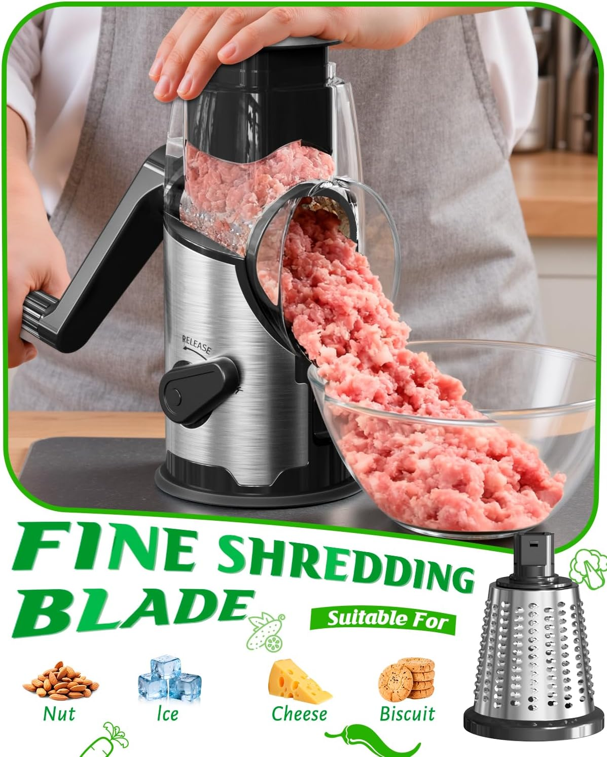 AUSELECT Cheese Grater Rotary - Hand Crank Vegetable Shredder Slicer Stainless Steel with 3 Blades, Easy to Clean Table Top Drum Grater with Anti-Slip Base Chopper Cutter for Kitchen Fruit, Nuts image number 3