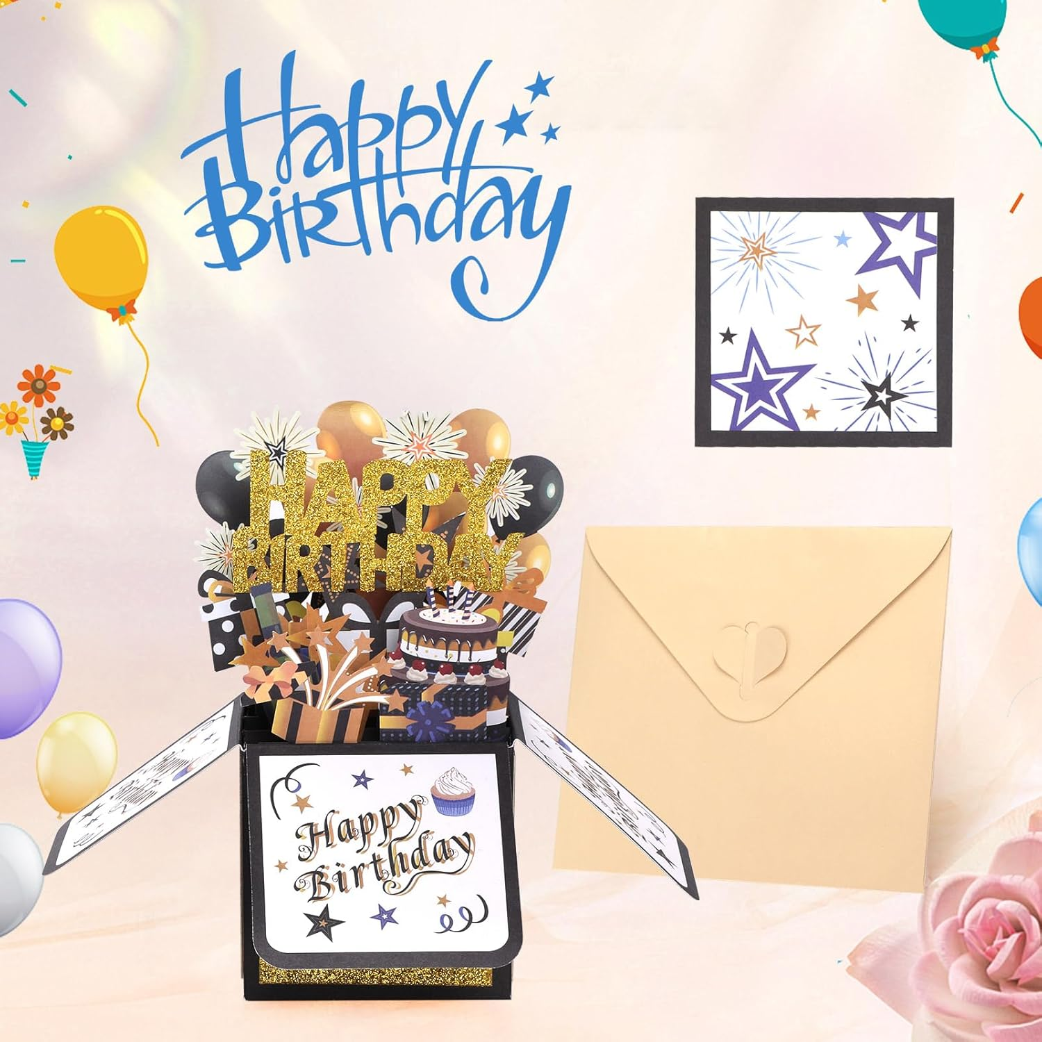 Bighan Pop up Happy Birthday Card, 3D Happy Birthday Pop up Greeting Boxed Cards Anniversary Pop up Cards for Kids Men and Women Family, Black Gold
