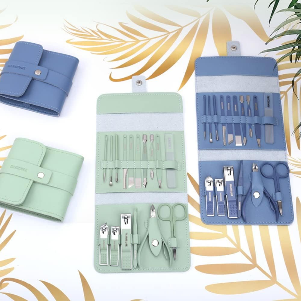 Set of 16 Manicure Pedicure Set Stainless Steel Nail Clippers Kit Portable Nail Trimming Set and Grooming Tools with Storage Bag, Green - Green image number 2