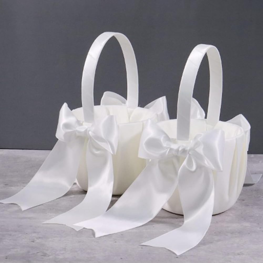 Veumoie 2 Piece White Flower Girl Basket Wedding Basket for Flower Cute Satin Flower Girl Basket image number 2