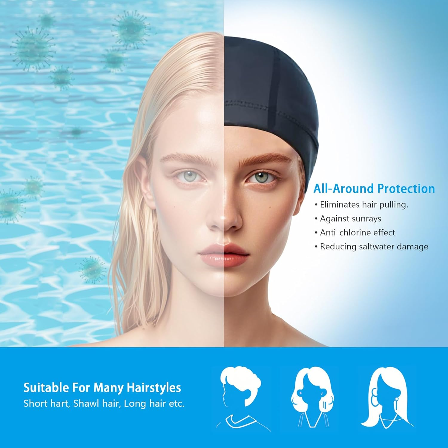 Women PU Coat Waterproof Fabric Hairnet Swim Cap Long Lair Swim Hat Elasticity Swimming Cap Long Hair - Black image number 5