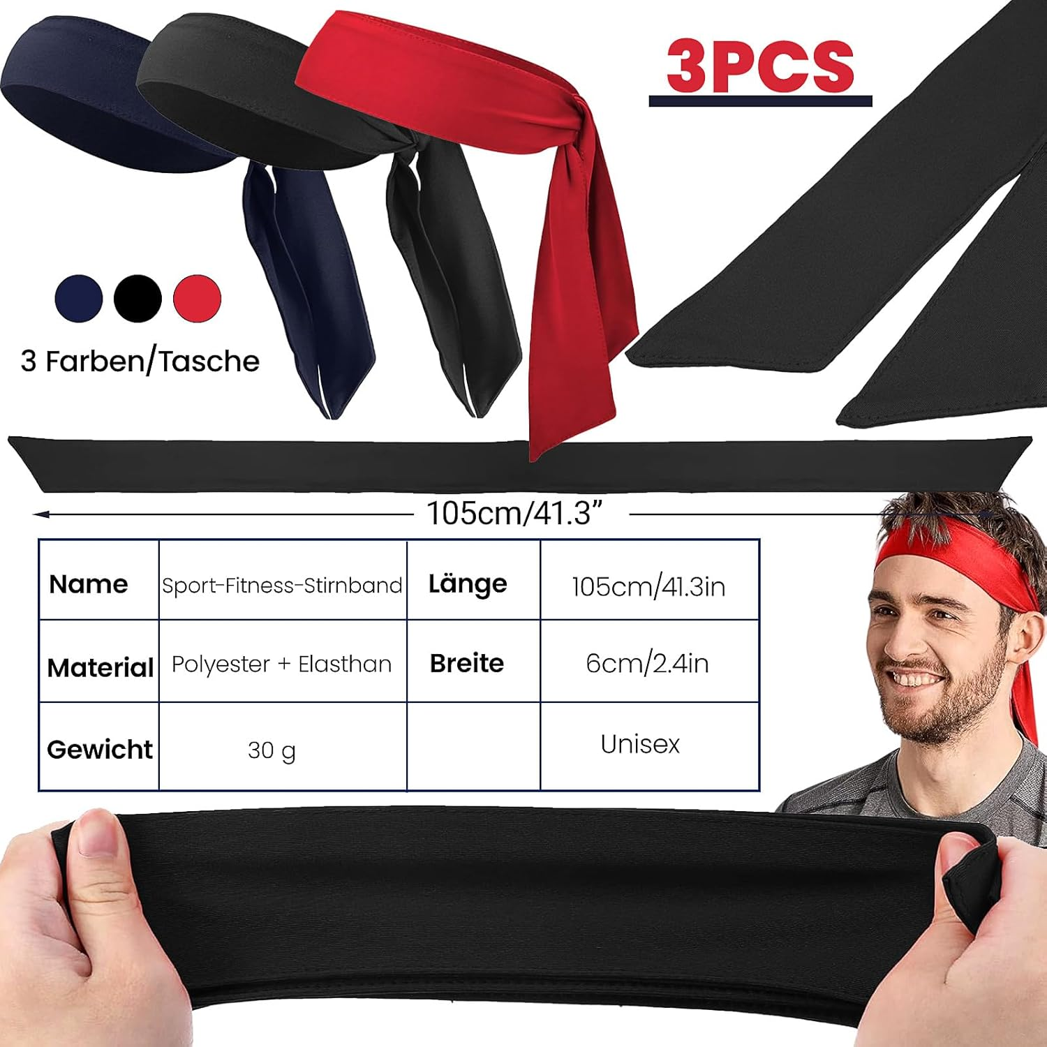 Sports Headband, Pack of 3 Tennis Tie Headband, Adjustable Sweatband, Bandana Cap, Unisex Headband, Sports Headwear for Women and Men, Running, Fitness, Yoga, Tennis (Black, Red, Navy Blue) image number 1
