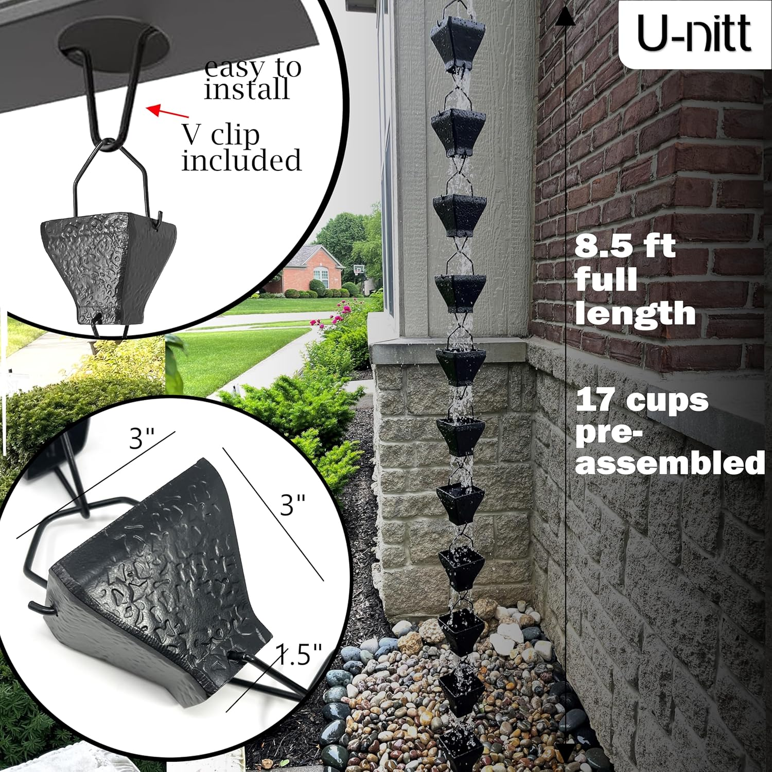 U-Nitt Rain Chain Water Collection for Gutters, Rainwater Catcher & Diverter, 8.5 FT Chains for outside Garden, Black Square Cups, Roof Downspout, Works with Heavy Rain, W/Gutter Clip for Rainchains image number 3
