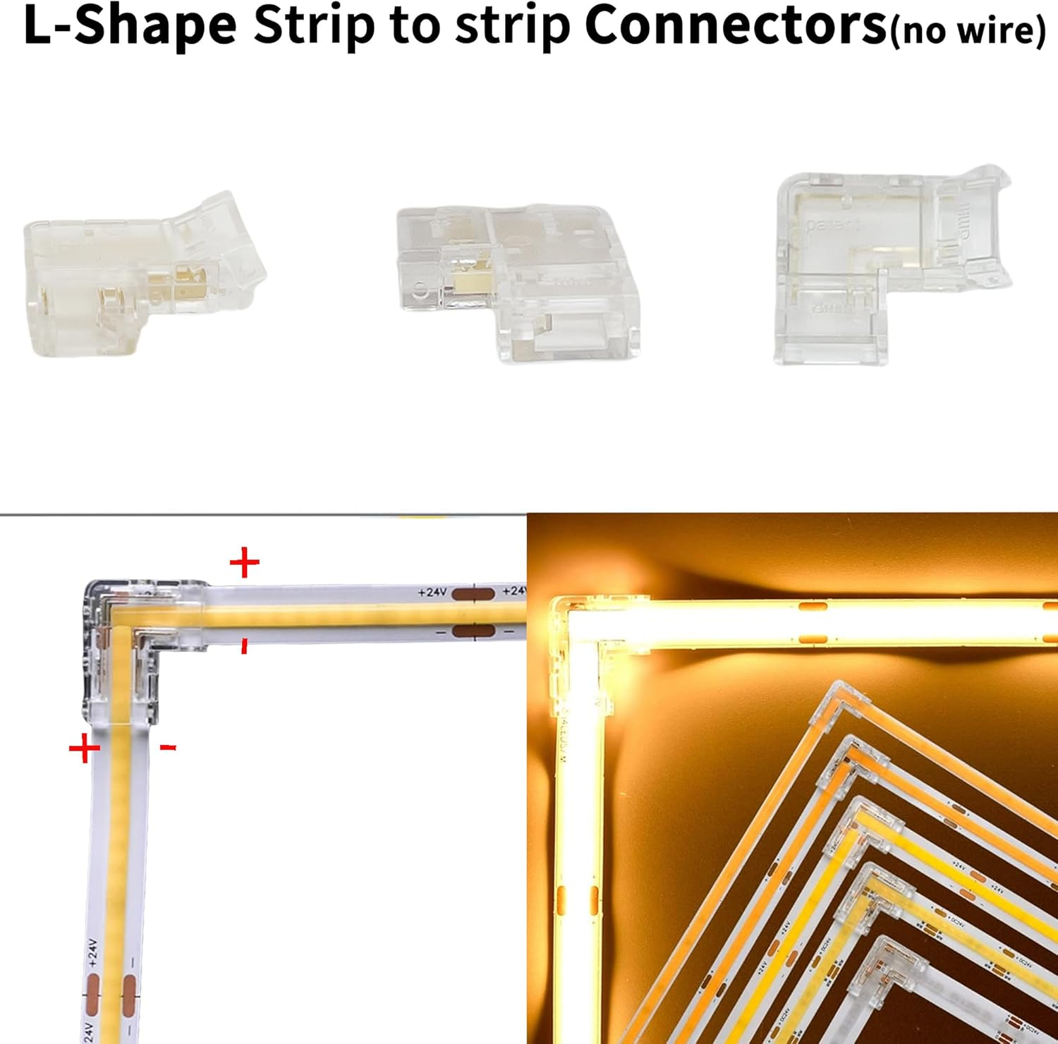 Clearhill 10Mm 3Pin 10Pcs Transparent Solderless L-Shape COB LED Strip Connectors,90&deg;Right Angle Corner Joints for Double Color 5V/12V/24V LED Strips,No Soldering Required,Secure Connection. image number 2