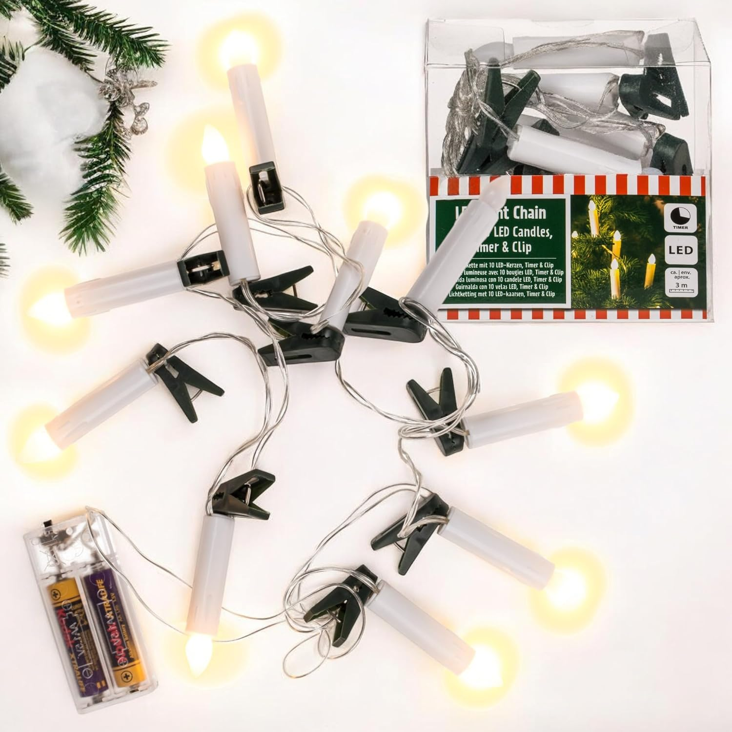 MIJOMA LED Fairy Lights with 10 Candles and Clips, 3 M Length, Battery Operated, 6/18 Timer - Flexible and Ideal for Christmas Decoration