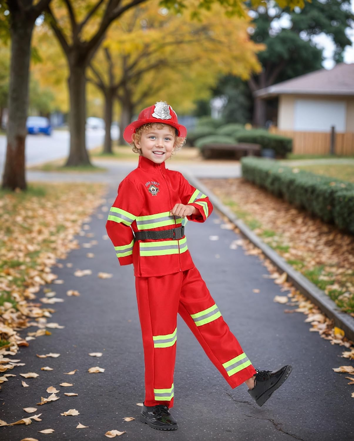 Kids Firefighter Costume Toddler Fireman Dress up Boy Fire Pretend Chief Outfit Halloween Role Play Career Suit Party Birthday Gift image number 4
