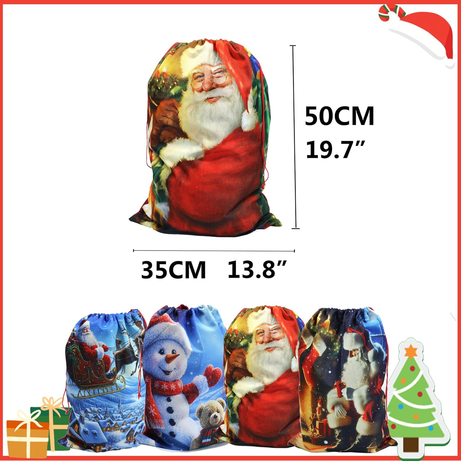 4 Pack Christmas Sacks - 13.8''X19.7''/35X50Cm Medium Hessian Bags. Reusable Burlap Santa Sacks with Drawstring for Xmas Presents & Decorations image number 5