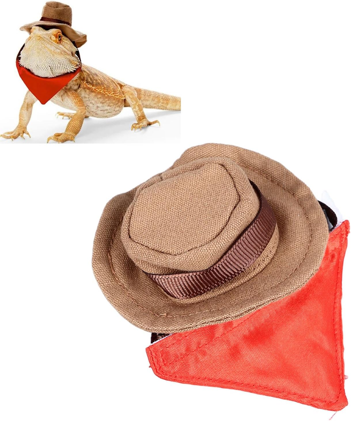 Bearded Dragon Cowboy Hat and Bandana Set, Halloween Lizard Reptile Costume Cool Pet Cap Small Animal Hamster Outfit Suit, Lizard Bandanas Lizard Bowler Hat for Hamster Lizard