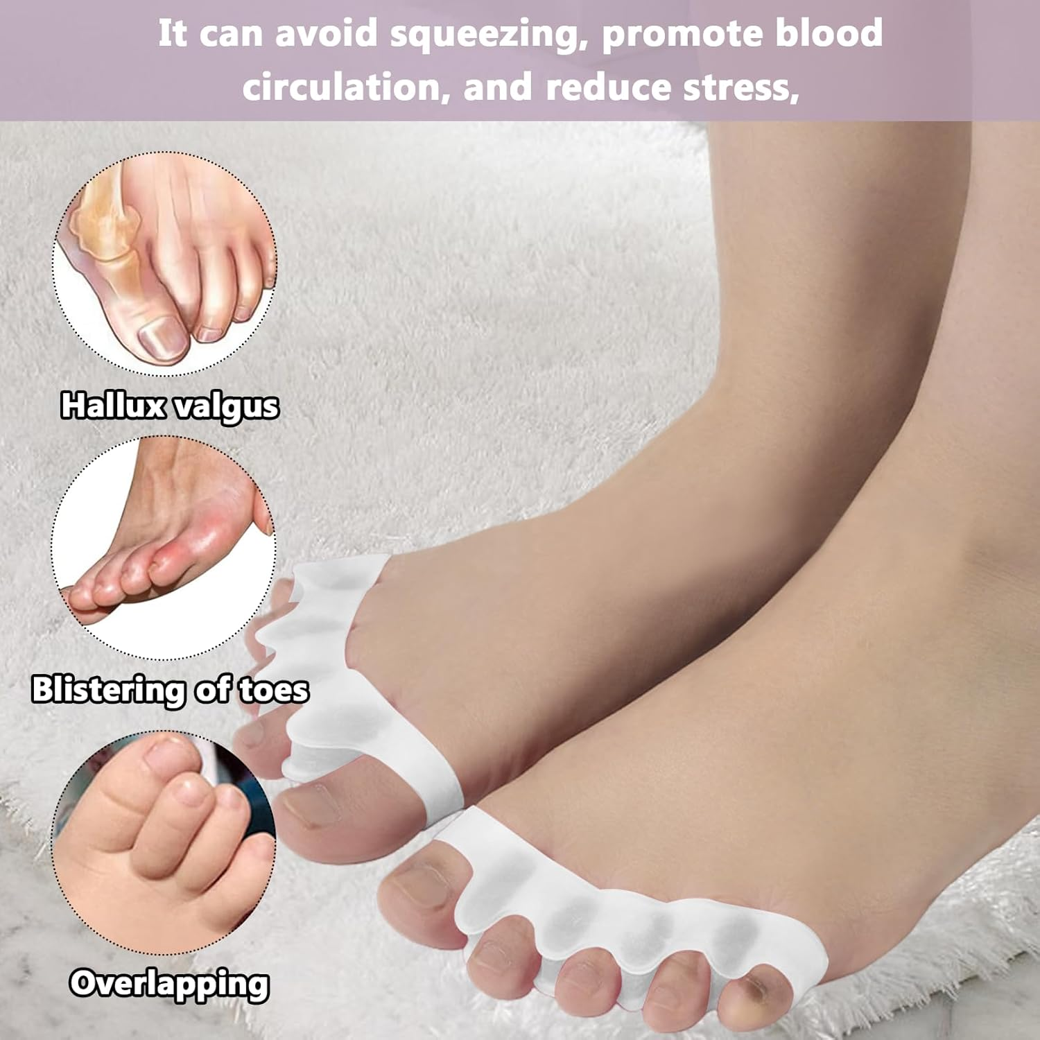 Toe Separators, 4 Pairs Soft Gel Toe Spacers, Bunion Corrector for Women and Men, Toe Splitter for Therapeutic Relief from Plantar Fasciitis, Hammer Toes, Claw Toes, Foot Pain (Blue/White) image number 3