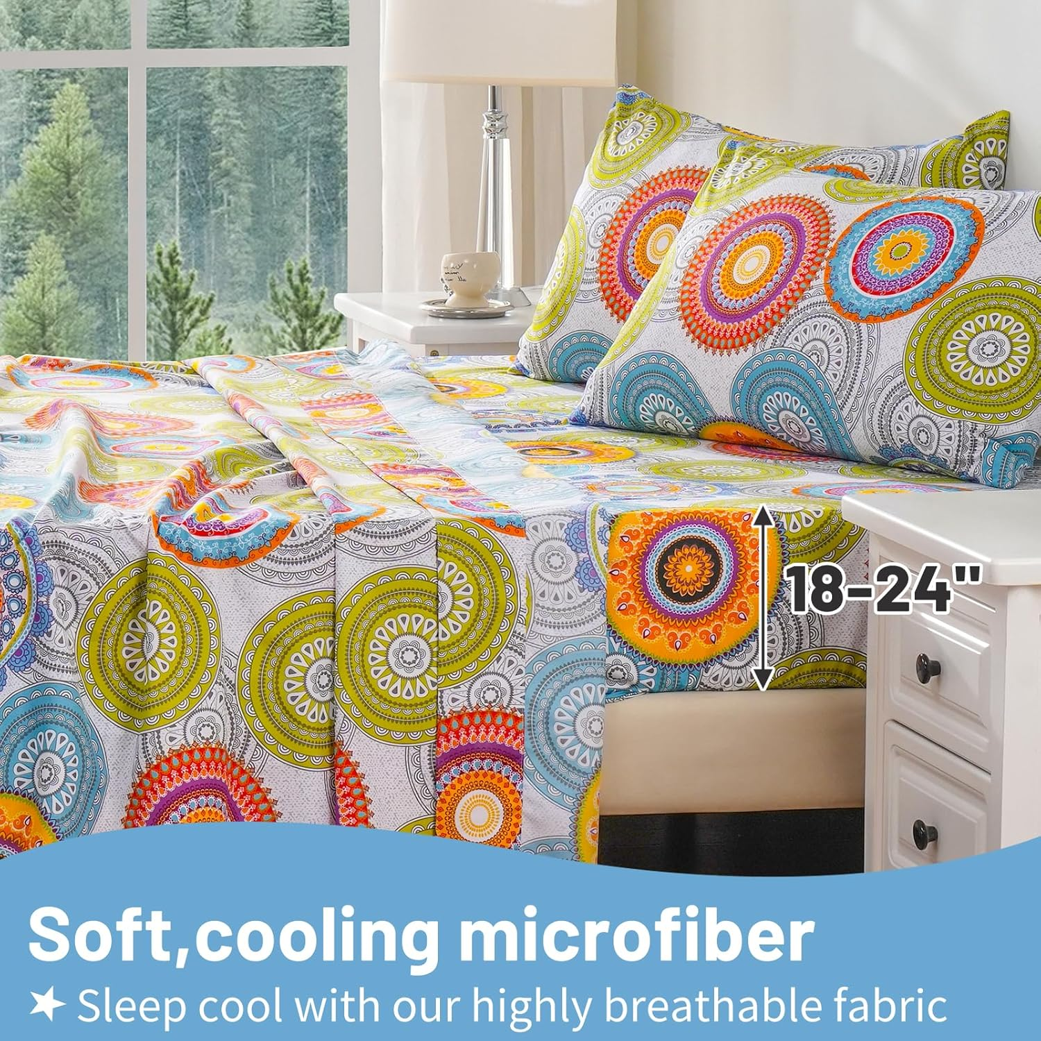 Bedlifes King Size Extra Deep Pocket Sheet Sets - Fits Mattresses up to 18-24" Thick, 4-Piece Microfiber Set with 1800 Thread Count, Soft, Smooth, Breathable, Featuring Mandala Patterned image number 5