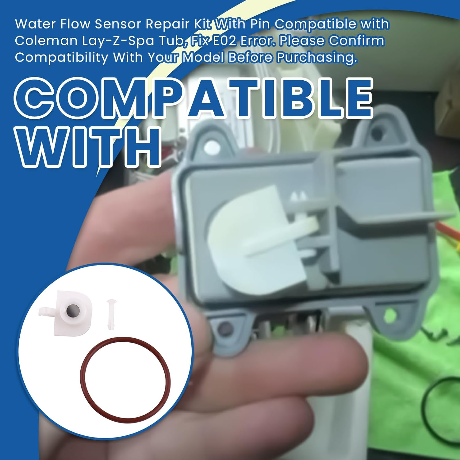 Water Flow Sensor Repair Kit with Pin Compatible with Coleman Lay-Z-Spa Tub, Fix E02 Error (Includes Retainer Pin, Magnetic Paddle, O-Ring Gasket) image number 1