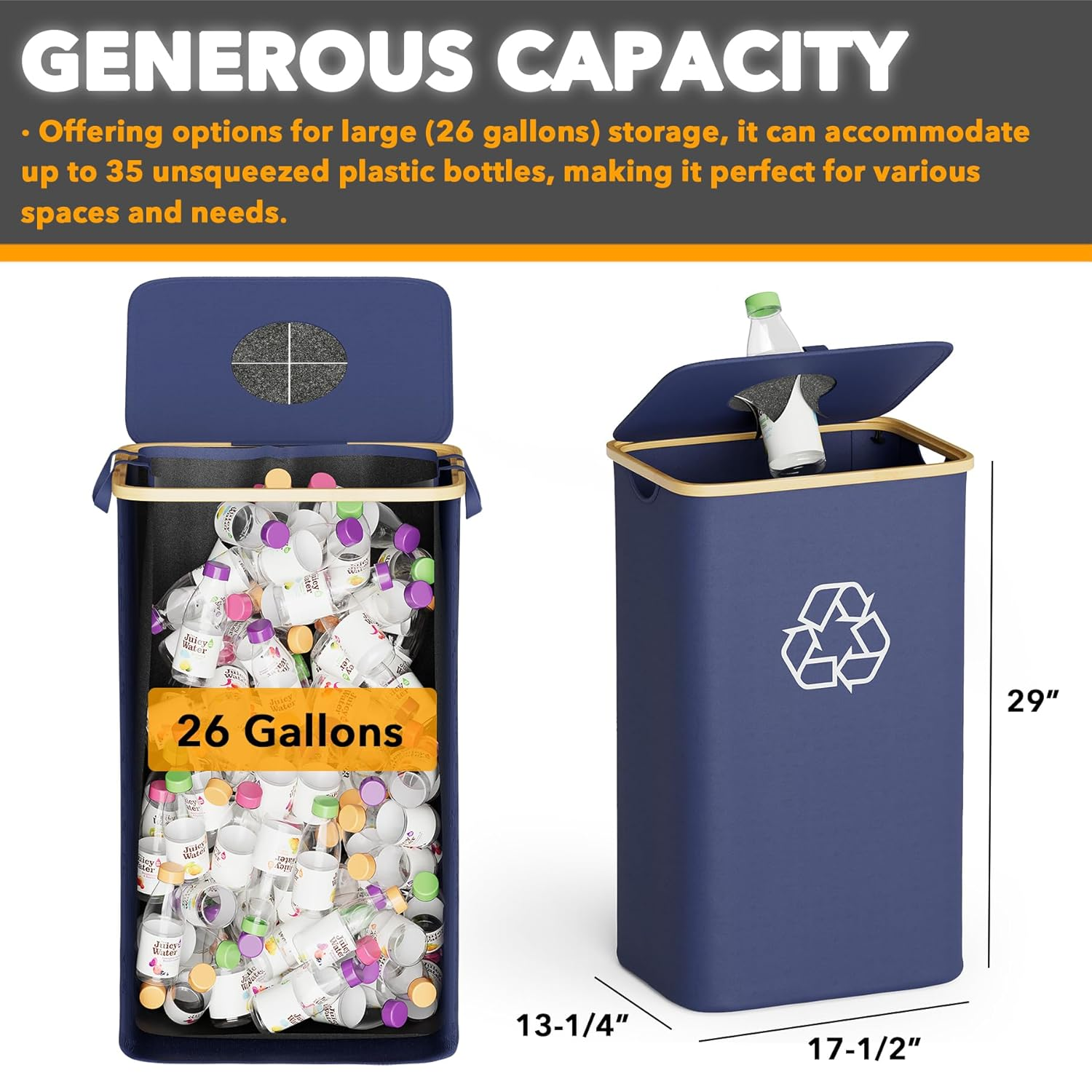 Spaceaid Recycling Bin for Kitchen 26 Gallon, 100L Recycle Bin with Lid and 2 Reusable Inner Bags, for Bottle Can Glass Plastic Stickers, Blue image number 1