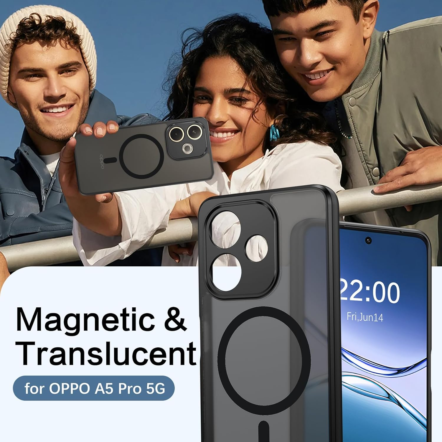 DOMAVER for Oppo A5 Pro Case Magnetic Translucent Matte Back Phone Case, [Camera Protection] Skin-Friendly Touch Slim Shockproof Full-Body Protective Cover for Oppo A5 Pro 5G 6.67 Inch, Black