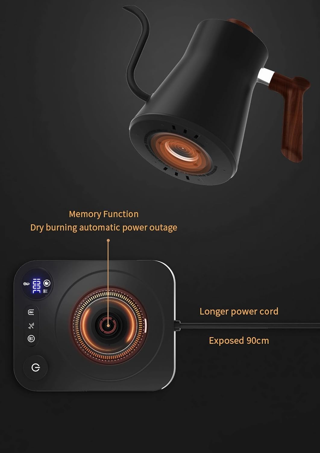 Smart Digital Electric Kettle with Variable Temperature Control, Stainless Steel Inner, 1200W Quick Heating Gooseneck Electric Kettles, Stylish Matte Finish for Coffee & Hot Beverages, 0.9L (Black) image number 5