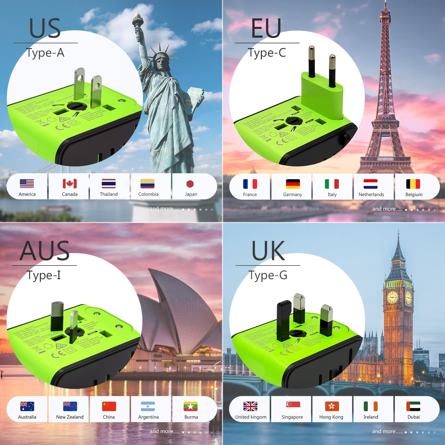 Travel Adapter, Universal International Power Adapter with 3USB Port and Type-C International Wall Charger Worldwide AC Power Plug for Multi-Nation Travel UK, EU, AU over 200 Countries (Green) - Black image number 7