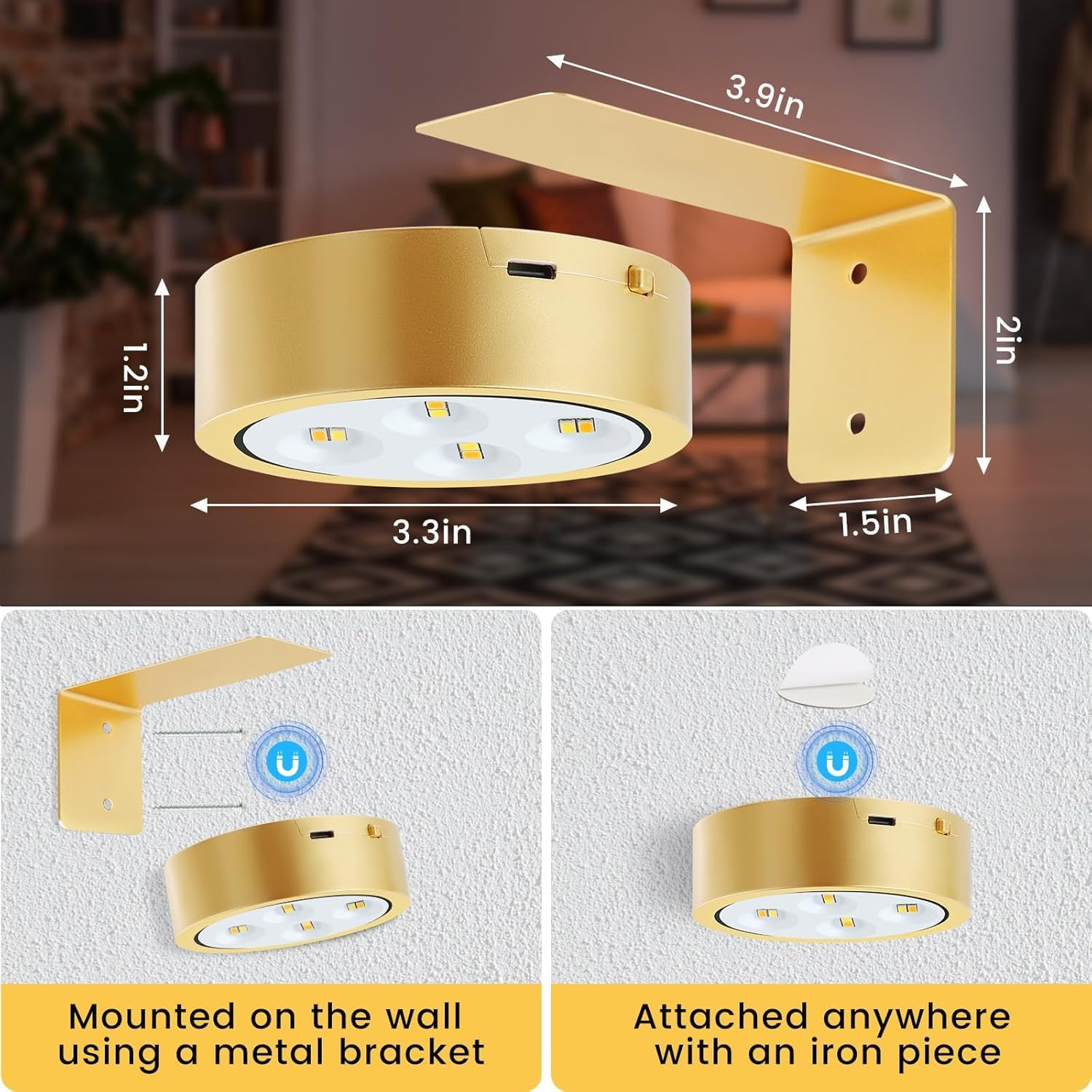 3PCS Battery Operated Picture Light, Wireless Picture Lights for Wall Rechargeable, Remote and Dimmable Timer Art Display Light for Picture Artworking Frame Portrait, Wall Decor Puck Lights (Gold) image number 4